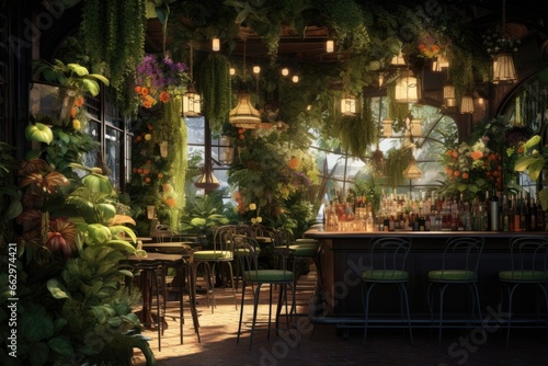 Enchanting Urban Jungle Bar Interior with Lush Greenery  Suspended Plants  and Warm Ambient Lighting Over Rustic Wooden Bar Counter