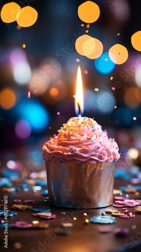 cake or cupcake with birthday or anniversary candle