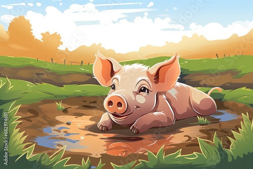 Cheerful Pig Clipart: Delightful Mud-Wallowing Joy with Happy Eyes, generative AI