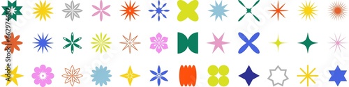 Brutalism star and flower shapes color icons. Modern abstract forms, trendy geometric graphic elements. PNG