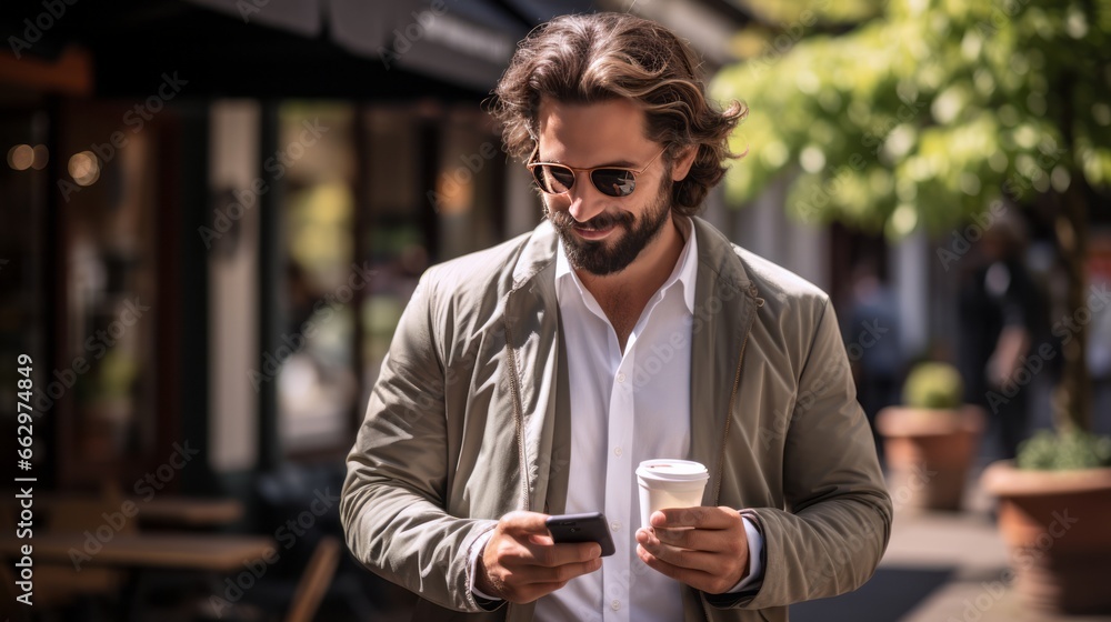 young man with mobile phone and cup of coffee walking on the street