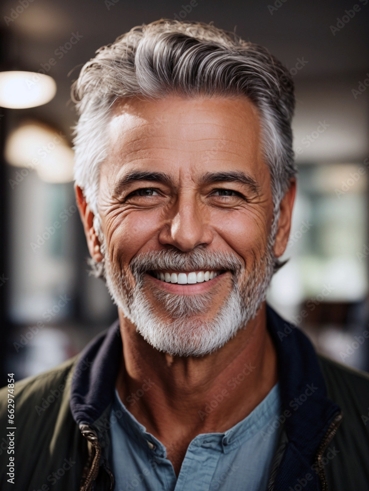 a closeup photo portrait of a handsome old mature man smiling with clean teeth. for a dental ad. guy with fresh stylish hair and beard with strong jawline