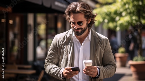 young man with mobile phone and cup of coffee walking on the street