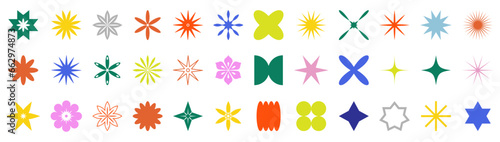 Brutalism star and flower shapes color icons. Modern abstract forms, trendy geometric graphic elements. Vector illustration isolated on white background