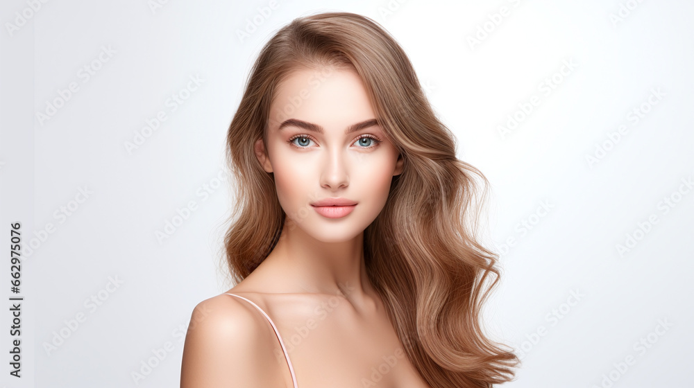 beauty portrait of a cool female bright brunette model against white background beauty portrait of a cool female bright brunette model against white background