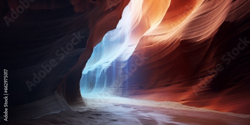 Chromatic Canyon Magic: The Flow of a Rainbow Seamlessly Weaves Through a Slot Canyon, Captured in the Aesthetic Palette of Light Maroon and Dark Bronze