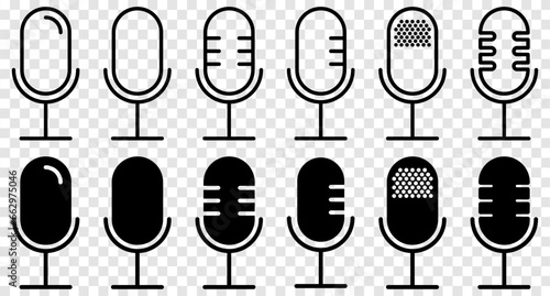 Collection of different microphone icons. Karaoke mic. Flat and line art style. Vector illustration