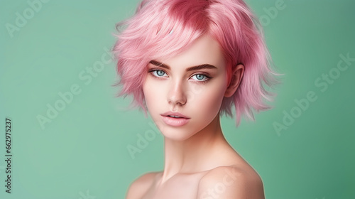 portrait of a female model with bleached, pink colored hair against green background