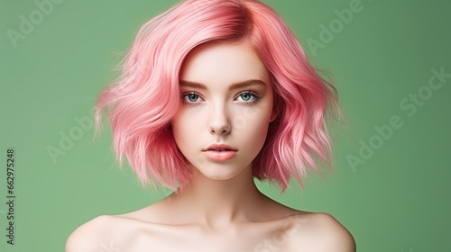 portrait of a female model with bleached, pink colored hair against green background