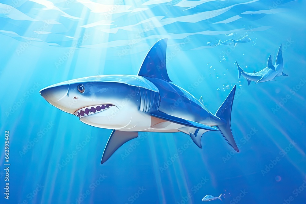 Shark Clipart: Majestic Glide of a Powerful Shark with Mighty Fins in Clear Blue Ocean Waters, generative AI