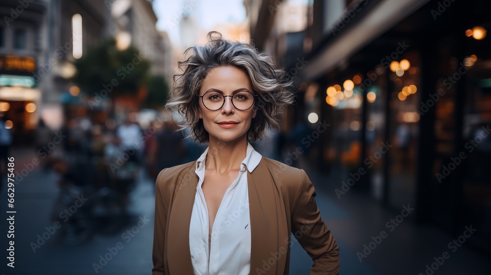 senior business woman on the street with serious expression - obrazy, fototapety, plakaty 