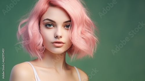 portrait of a female model with bleached, pink colored hair against green background