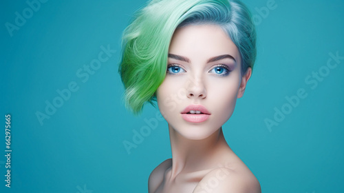 portrait of a cool female model with bleached, blue and green colored hair against blue background