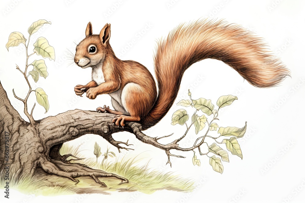 Perky Squirrel Cartoon: Leaping Amid Branches with Acorn, Bushy Tail in Hand, generative AI Perky Squirrel Cartoon: Leaping Amid Branches with Acorn, Bushy Tail in Hand, generative AI