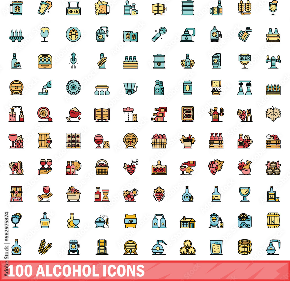 Fototapeta premium 100 alcohol icons set. Color line set of alcohol vector icons thin line color flat on white
