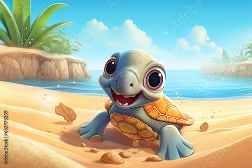 Cute Turtle Cartoon: Adventure-filled Journey of a Sandy Beach to the Blue Ocean, generative AI