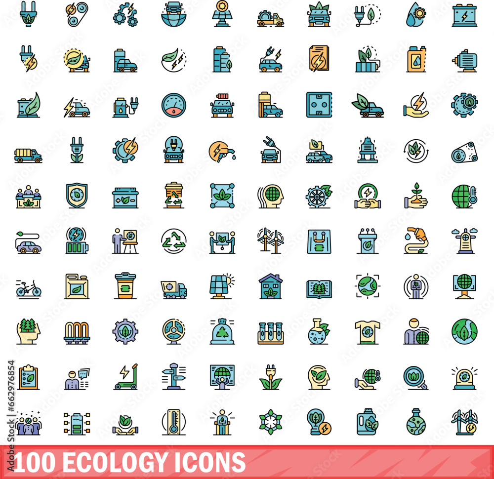 100 ecology icons set. Color line set of ecology vector icons thin line color flat on white 100 ecology icons set. Color line set of ecology vector icons thin line color flat on white