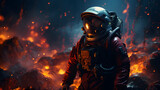 A firefighter in full gear in the middle of a fire; Fireman in futuristic gear;  An astronaut on another planet surrounded by a glowing and heated area;4k(16:9)