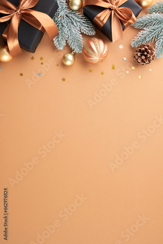 The rush to discover and purchase presents. Top view vertical flat lay of elegant gift boxes, tree decorations, frosty fir branches, cone, stars on terracotta background with advert placement