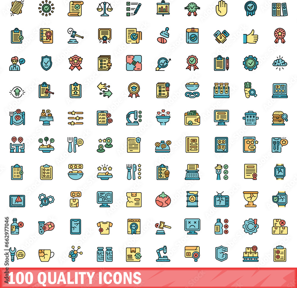 100 quality icons set. Color line set of quality vector icons thin line color flat on white 100 quality icons set. Color line set of quality vector icons thin line color flat on white