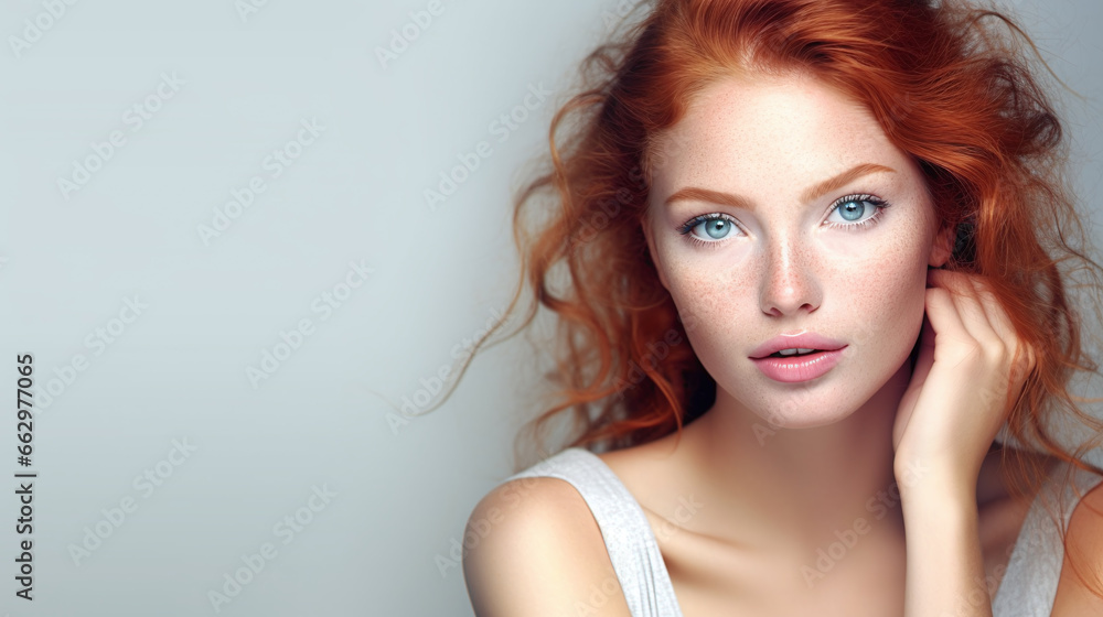 Naklejka premium natural close up portrait of a female beauty model with ginger colored hair and and fair, pale facial skin and with text space