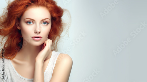 natural close up portrait of a female beauty model with ginger colored hair and and fair, pale facial skin and with text space