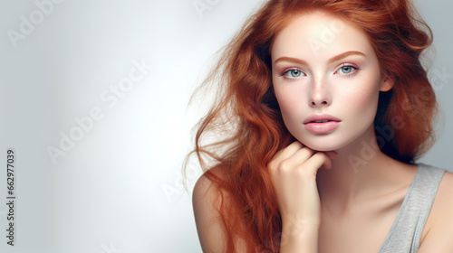 natural close up portrait of a female beauty model with ginger colored hair and and fair, pale facial skin and with text space