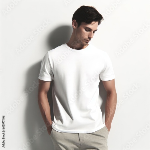 The confident man in a crisp white shirt stood tall, his sleeve rolled up to reveal a strong elbow and his t-shirt hugged his neck, exuding effortless fashion photo