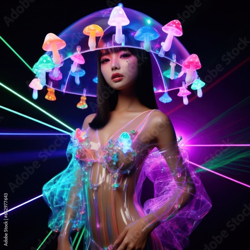 A mesmerizing woman swathed in a sheer garment adorned with whimsical mushrooms, moves fluidly in a violet and magenta dance, exuding a wild and untamed energy photo