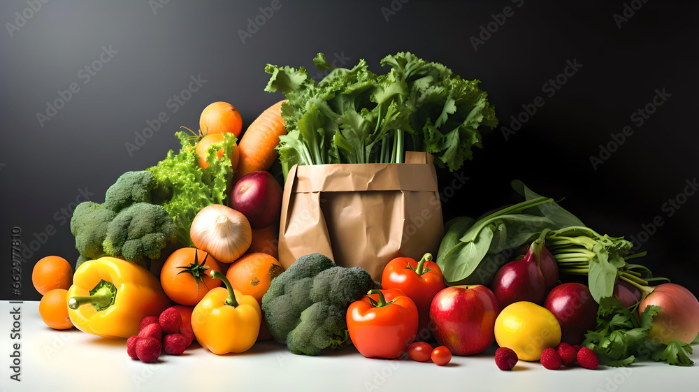 Frisches Gemüse und Obst, Papiertüte mit gesunder Nahrung, Einkaufstasche mit Lebensmitteln