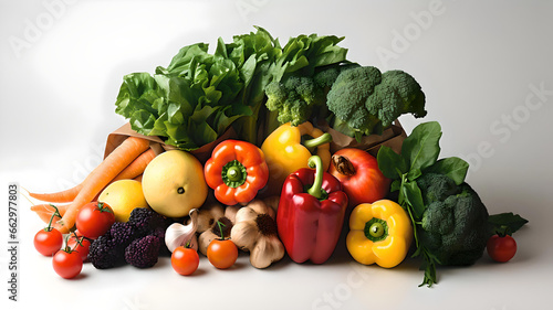 Frisches Gemüse und Obst, Papiertüte mit gesunder Nahrung, Einkaufstasche mit Lebensmitteln photo