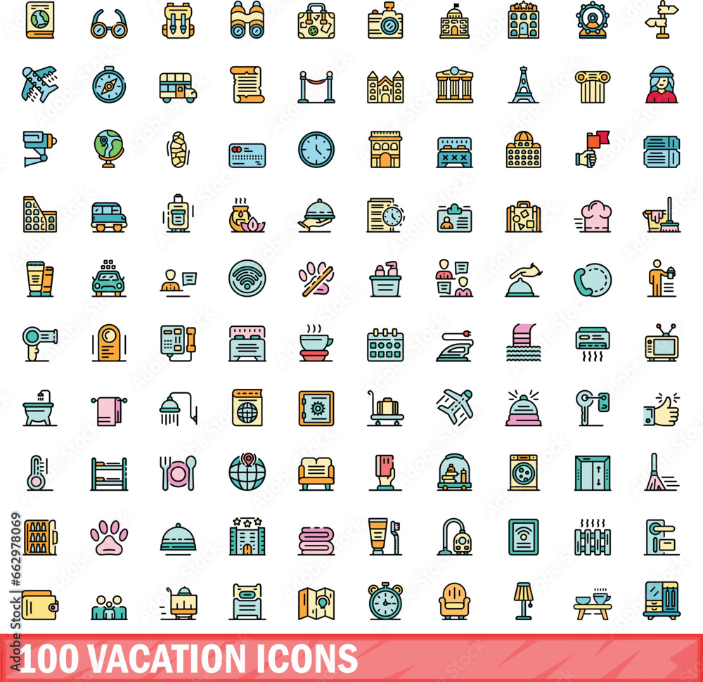 100 vacation icons set. Color line set of vacation vector icons thin line color flat on white 100 vacation icons set. Color line set of vacation vector icons thin line color flat on white