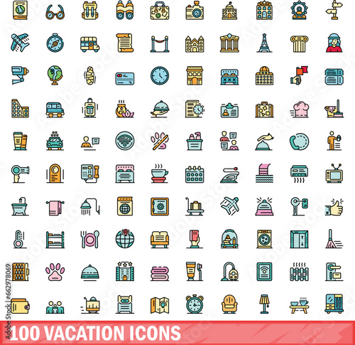 100 vacation icons set. Color line set of vacation vector icons thin line color flat on white