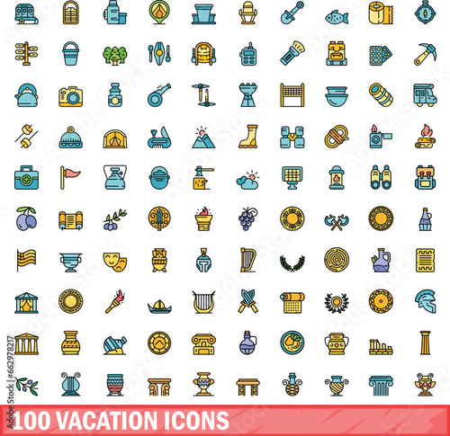 100 vacation icons set. Color line set of vacation vector icons thin line color flat on white