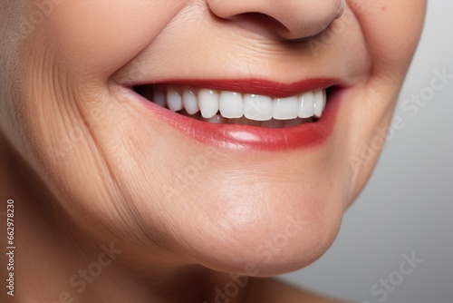 elderly woman's smile close up, old woman with white teeth