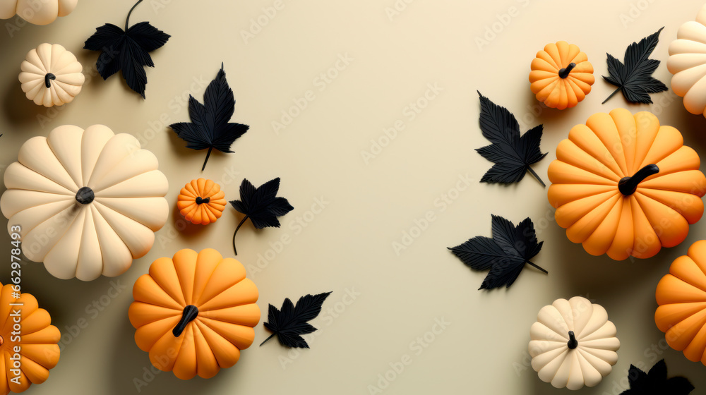 A bunch of pumpkins and leaves in the style of minimalist. Template for Happy Halloween banner with autumn elements A bunch of pumpkins and leaves in the style of minimalist. Template for Happy Halloween banner with autumn elements