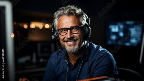 adult man with headphones working photo
