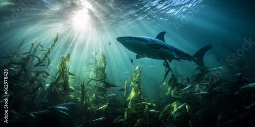 Underwater Thriller: An Evil-Looking Shark Hunts for a Seal Amidst the Oceanic Plant Cover of a Kelp Forest, Capturing the Tension and Drama of Underwater Life © Ben