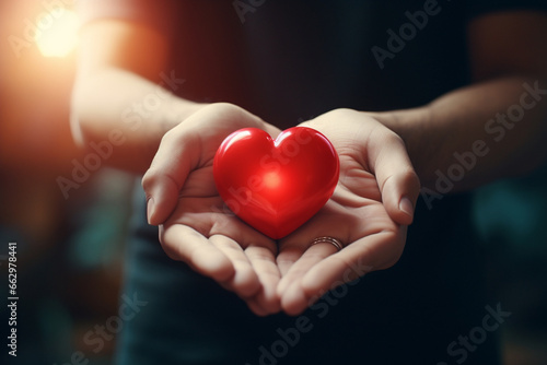 Hand giving red heart   charity symbol created using generative Ai tools