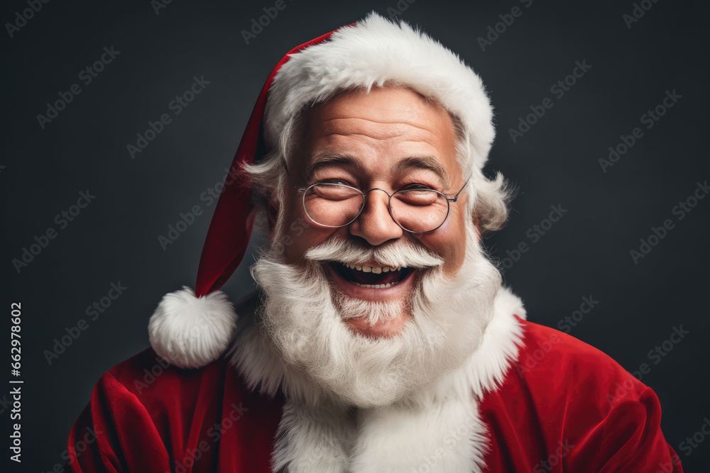 Happy smiling Santa Claus in glasses looking at the camera on a gray background Happy smiling Santa Claus in glasses looking at the camera on a gray background
