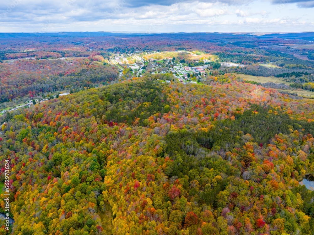 Aerial view of Thomas, West Virginia among the mountains and fall foliage