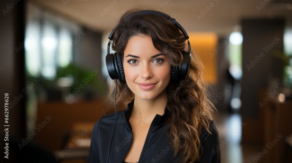 conference or service hostess with headphones conference or service hostess with headphones