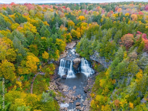 Aerial view of the scenic Blackwater Falls in West Virginia surrounded by fall foliage