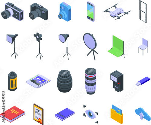 Photography courses icons set isometric vector. Woman class. People art camera