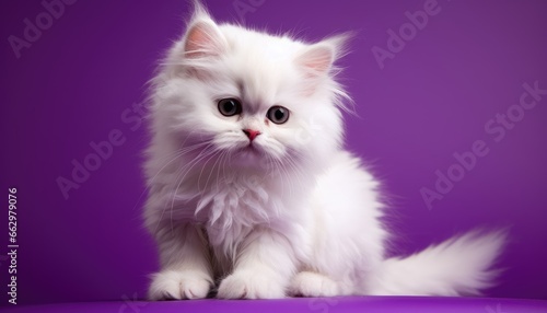 white persian kitten with purple background ,light studio shot 