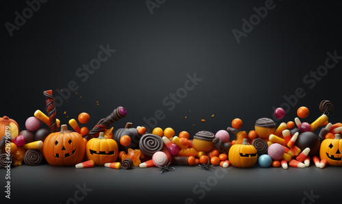 Trick or treat hallowenn greeting card vector background. Halloween trick or treat with pumpkin and scary sweets elements of candies like candy cane and lollipop for party invitation in gray backgroun photo
