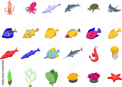 Seabed icons set isometric vector. Wild fish sea. Marine ocean shells