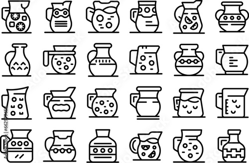 Pitcher icons set outline vector. Milk jug. Water food glass