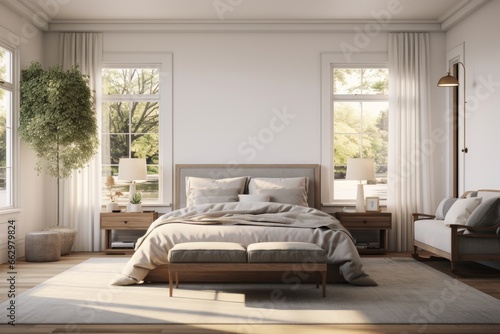 Sunny Spring White Bedroom Oasis, Modern Wooden Decor, Light-filled Space & Lush Greenery Outside © Bryan