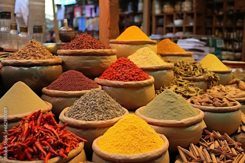 a lively market teeming with stands offering aromatic spices. Generative AI